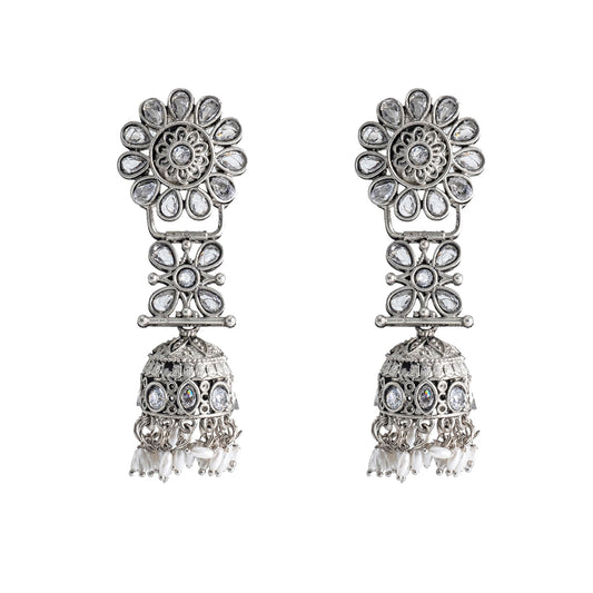 Shining Jewel Traditional Indian Matte Silver Oxidised CZ, Crystal Studded Jhumka Earring For Women - Silver White (SJE_186_S_W)