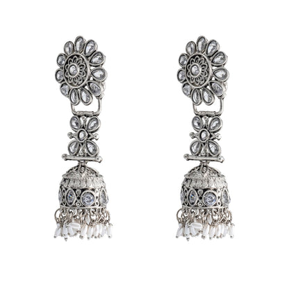 Shining Jewel Traditional Indian Matte Silver Oxidised CZ, Crystal Studded Jhumka Earring For Women - Silver White (SJE_186_S_W)