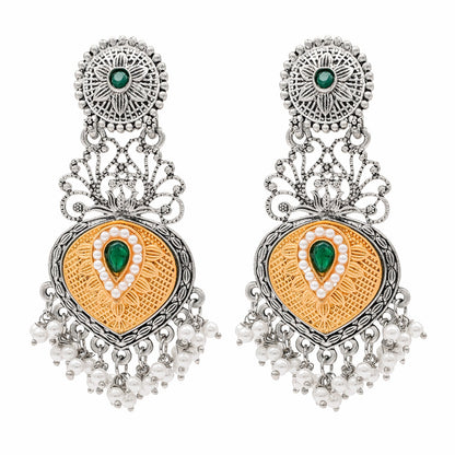 Shining Jewel Traditional Indian Matte Antique Gold Silver Oxidised Two Tone CZ, Crystal Studded Drop Earring For Women - Silver Green (SJE_187_S_G)