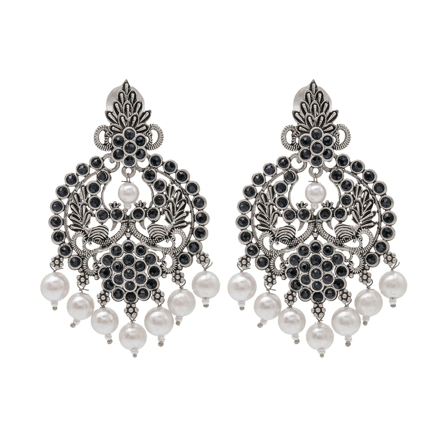 Shining Jewel Traditional Indian Matte Silver Oxidised CZ, Crystal Studded Chand Bali Earring For Women - Silver Black (SJE_188_S_BK)