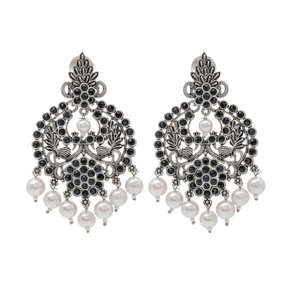 Shining Jewel Traditional Indian Matte Silver Oxidised CZ, Crystal Studded Chand Bali Earring For Women - Silver Black (SJE_188_S_BK)