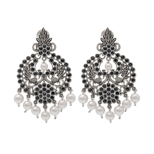 Shining Jewel Traditional Indian Matte Silver Oxidised CZ, Crystal Studded Chand Bali Earring For Women - Silver Black (SJE_188_S_BK)