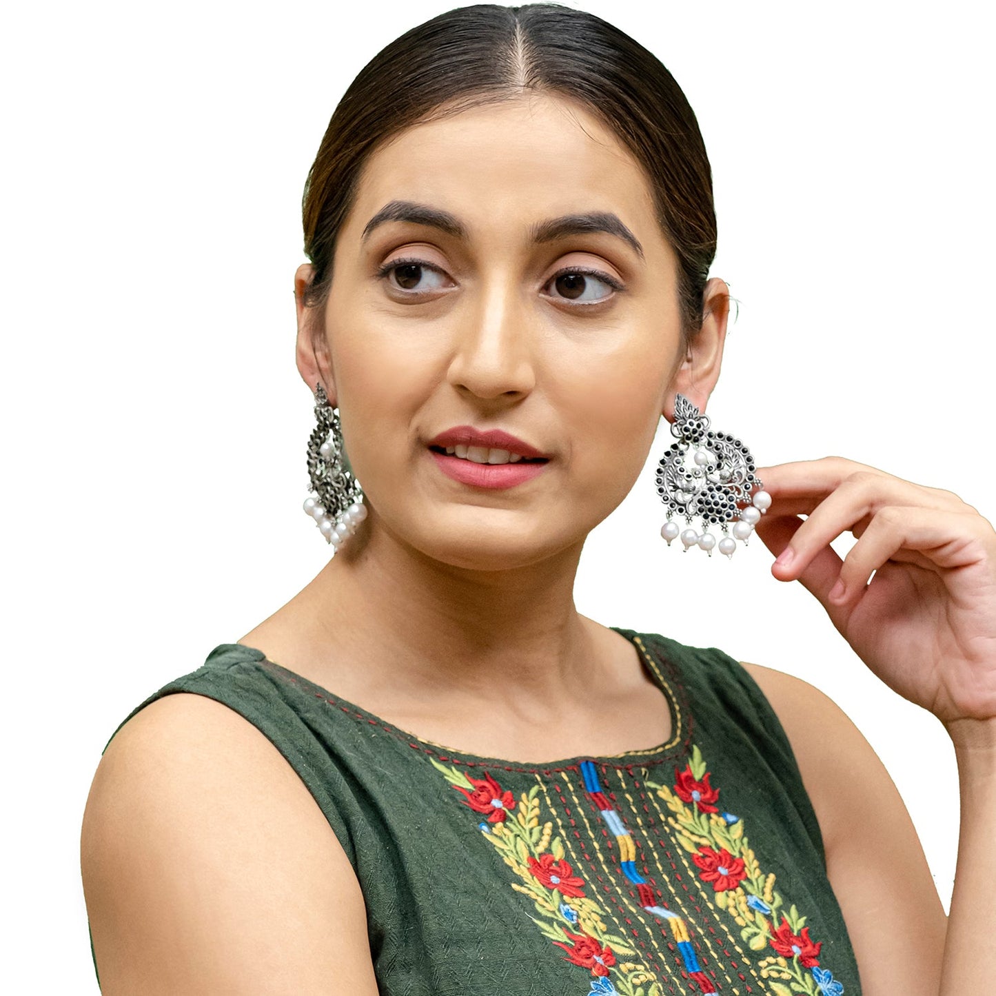 Shining Jewel Traditional Indian Matte Silver Oxidised CZ, Crystal Studded Chand Bali Earring For Women - Silver Black (SJE_188_S_BK)