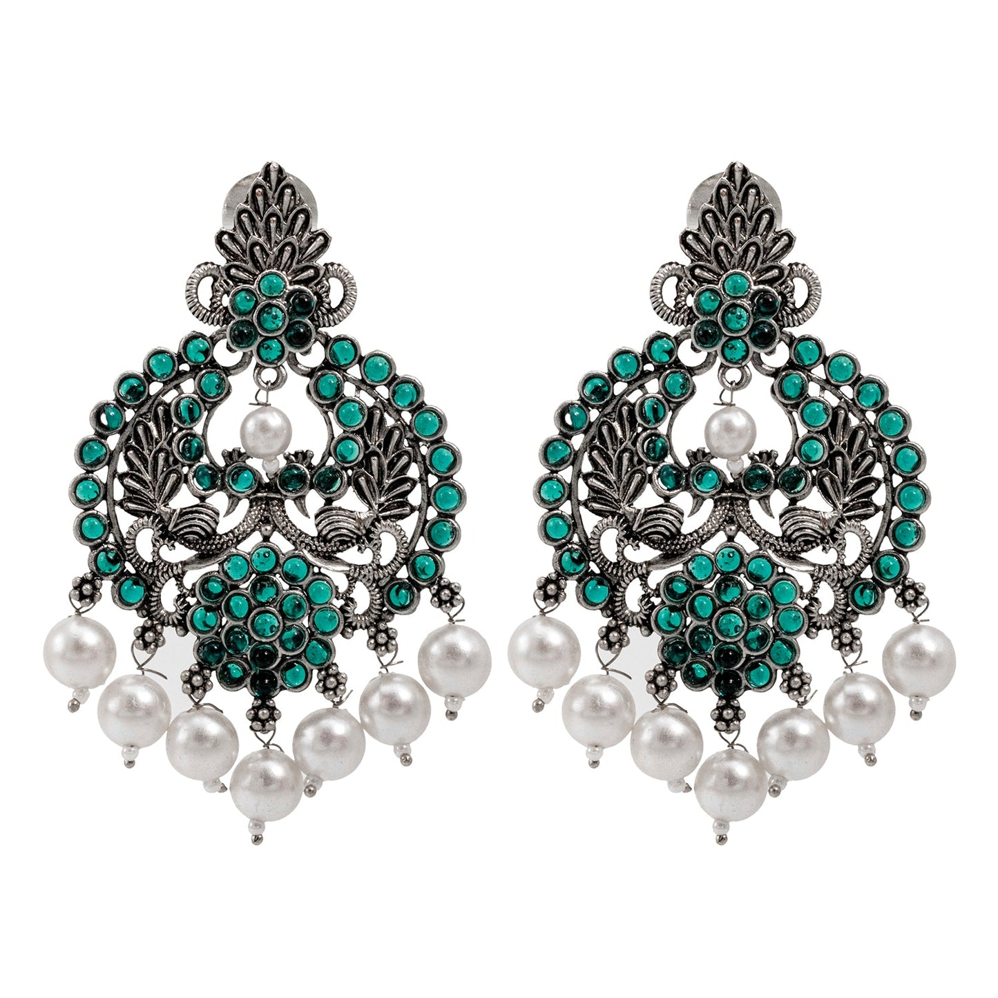 Shining Jewel Traditional Indian Matte Silver Oxidised CZ, Crystal Studded Chand Bali Earring For Women - Silver Green (SJE_188_S_G)