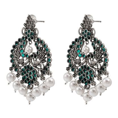 Shining Jewel Traditional Indian Matte Silver Oxidised CZ, Crystal Studded Chand Bali Earring For Women - Silver Green (SJE_188_S_G)