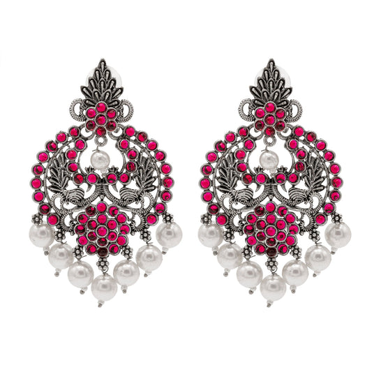 Shining Jewel Traditional Indian Matte Silver Oxidised CZ, Crystal Studded Chand Bali Earring For Women - Silver Maroon (SJE_188_S_M)