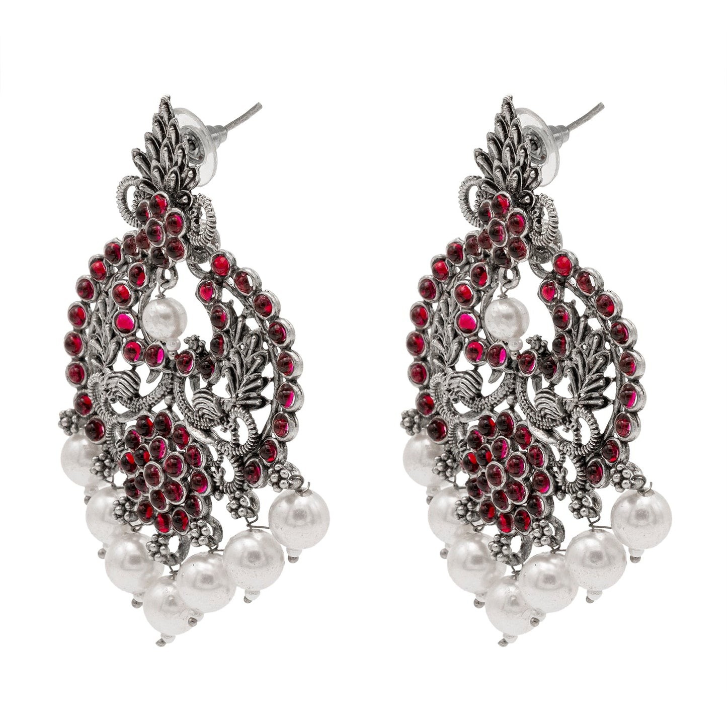 Shining Jewel Traditional Indian Matte Silver Oxidised CZ, Crystal Studded Chand Bali Earring For Women - Silver Maroon (SJE_188_S_M)