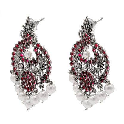 Shining Jewel Traditional Indian Matte Silver Oxidised CZ, Crystal Studded Chand Bali Earring For Women - Silver Maroon (SJE_188_S_M)