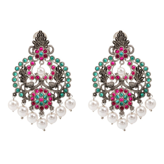 Shining Jewel Traditional Indian Matte Silver Oxidised CZ, Crystal Studded Chand Bali Earring For Women - Silver Ruby Green (SJE_188_S_R_G)