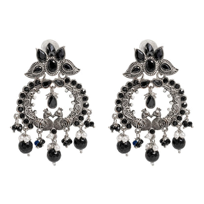 Shining Jewel Traditional Indian Matte Silver Oxidised CZ, Crystal Studded Peacock Chand Bali Earring For Women - Silver Black (SJE_189_S_BK)