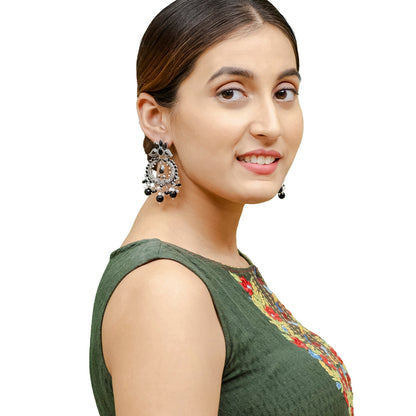 Shining Jewel Traditional Indian Matte Silver Oxidised CZ, Crystal Studded Peacock Chand Bali Earring For Women - Silver Black (SJE_189_S_BK)