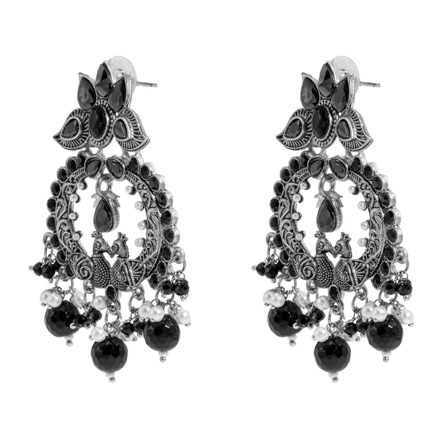 Shining Jewel Traditional Indian Matte Silver Oxidised CZ, Crystal Studded Peacock Chand Bali Earring For Women - Silver Black (SJE_189_S_BK)