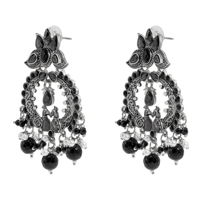 Shining Jewel Traditional Indian Matte Silver Oxidised CZ, Crystal Studded Peacock Chand Bali Earring For Women - Silver Black (SJE_189_S_BK)