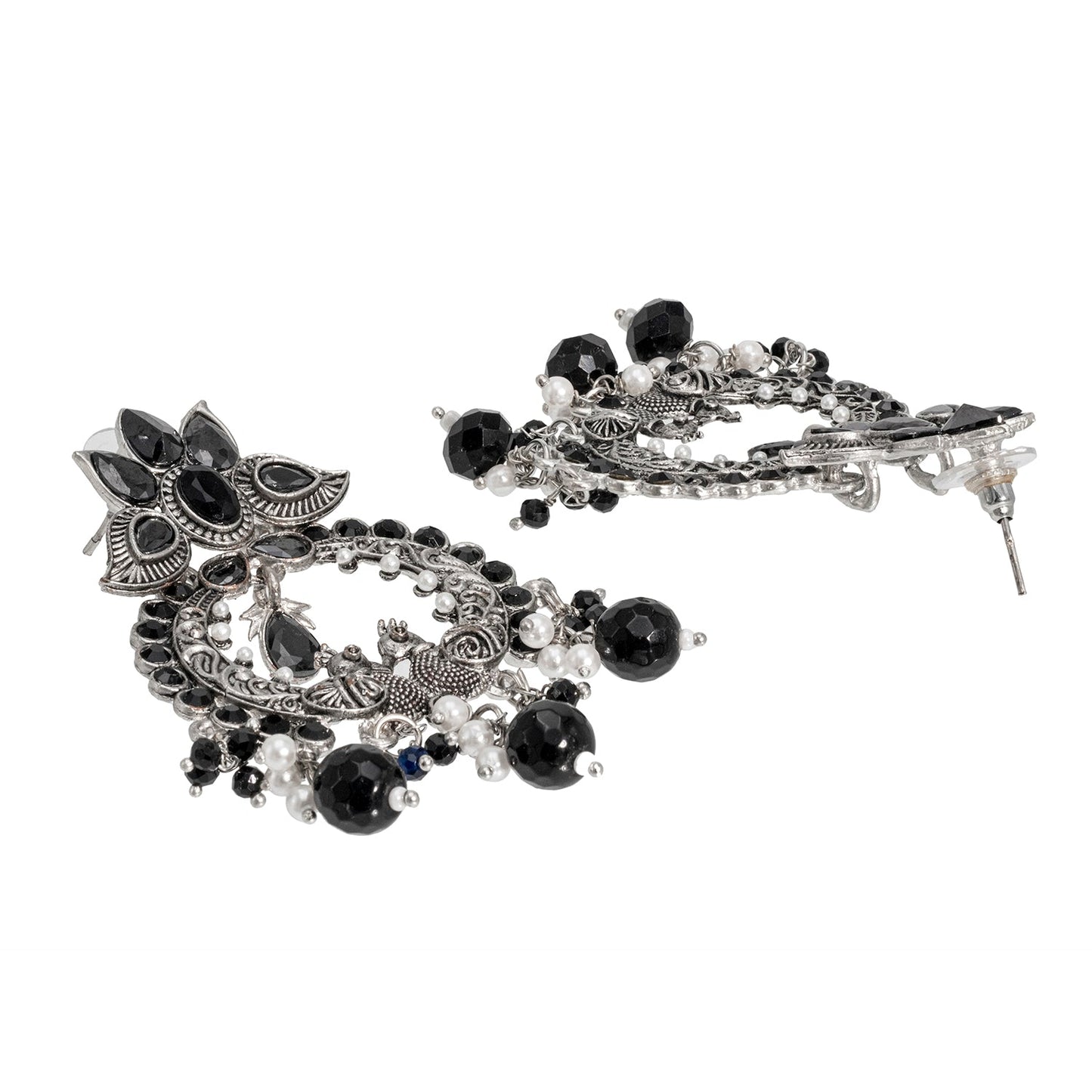 Shining Jewel Traditional Indian Matte Silver Oxidised CZ, Crystal Studded Peacock Chand Bali Earring For Women - Silver Black (SJE_189_S_BK)