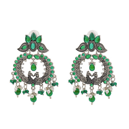 Shining Jewel Traditional Indian Matte Silver Oxidised CZ, Crystal Studded Peacock Chand Bali Earring For Women - Silver Green (SJE_189_S_G)