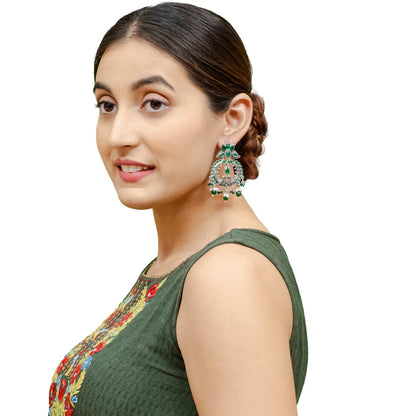 Shining Jewel Traditional Indian Matte Silver Oxidised CZ, Crystal Studded Peacock Chand Bali Earring For Women - Silver Green (SJE_189_S_G)