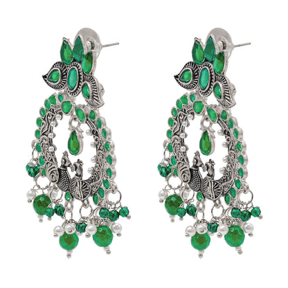 Shining Jewel Traditional Indian Matte Silver Oxidised CZ, Crystal Studded Peacock Chand Bali Earring For Women - Silver Green (SJE_189_S_G)