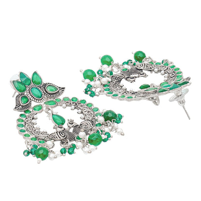 Shining Jewel Traditional Indian Matte Silver Oxidised CZ, Crystal Studded Peacock Chand Bali Earring For Women - Silver Green (SJE_189_S_G)