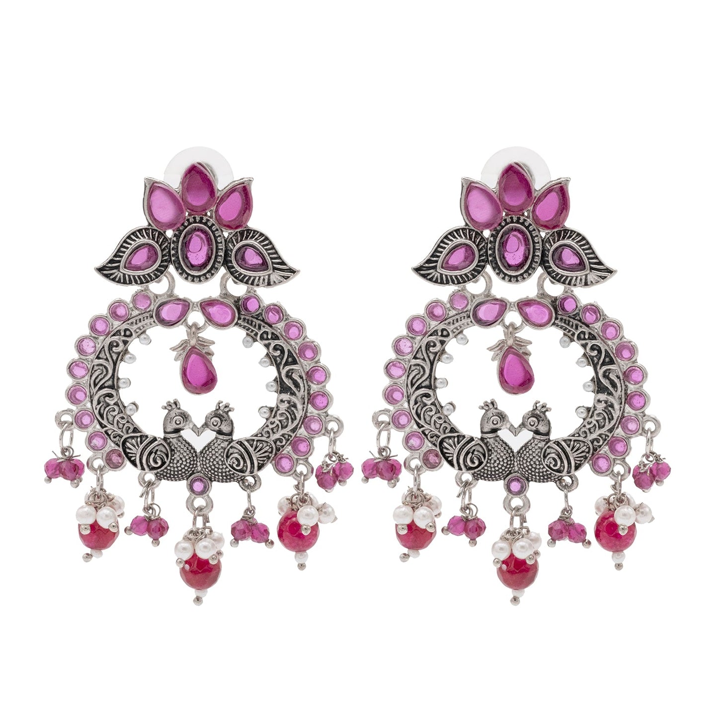 Shining Jewel Traditional Indian Matte Silver Oxidised CZ, Crystal Studded Peacock Chand Bali Earring For Women - Silver Maroon (SJE_189_S_M)