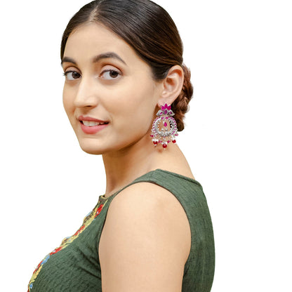 Shining Jewel Traditional Indian Matte Silver Oxidised CZ, Crystal Studded Peacock Chand Bali Earring For Women - Silver Maroon (SJE_189_S_M)