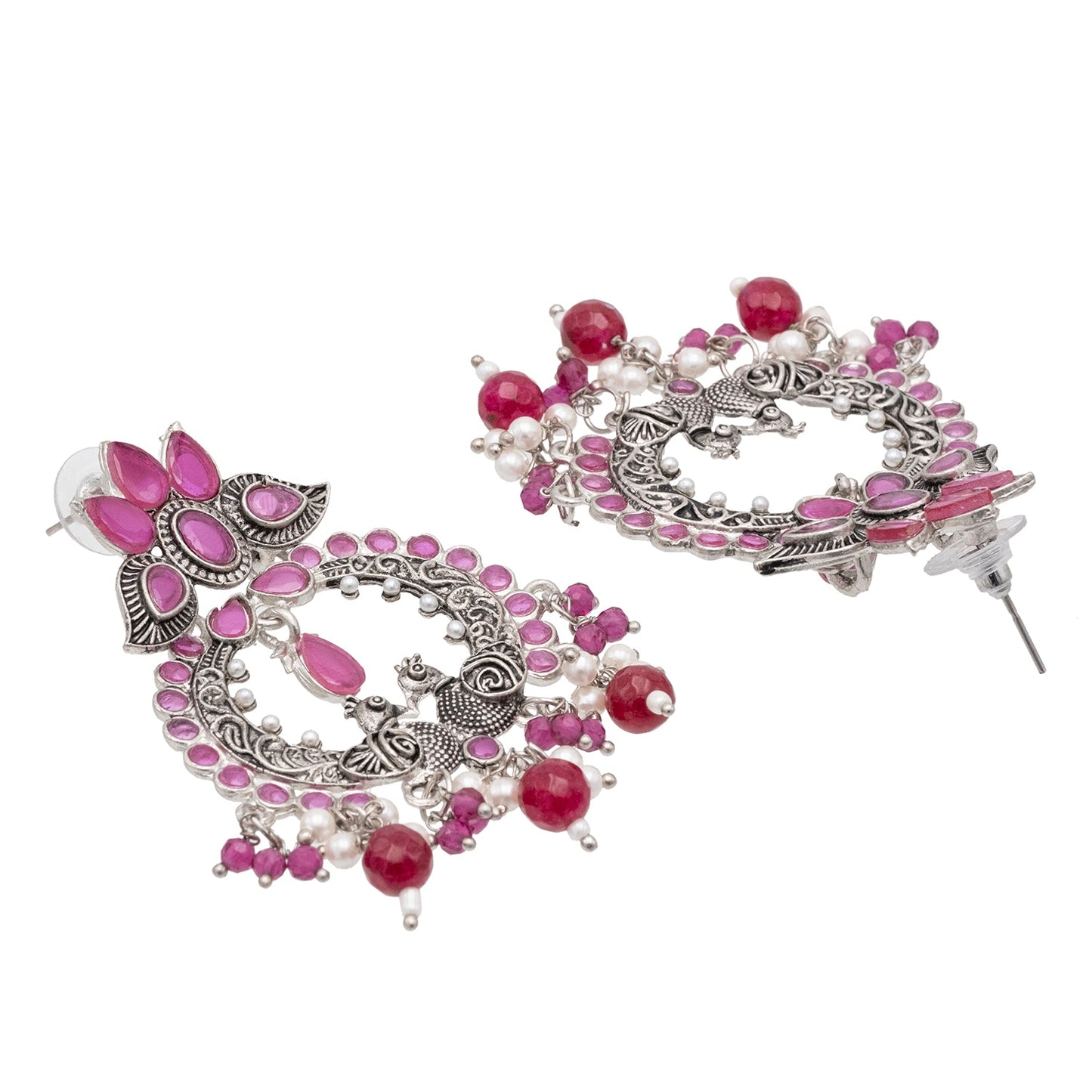 Shining Jewel Traditional Indian Matte Silver Oxidised CZ, Crystal Studded Peacock Chand Bali Earring For Women - Silver Maroon (SJE_189_S_M)