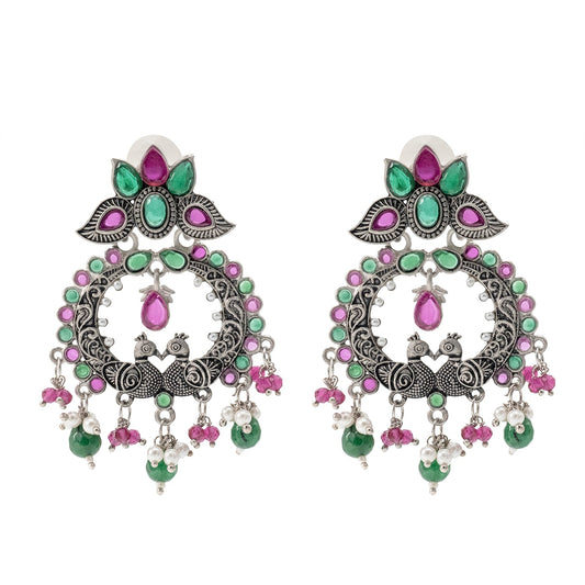 Shining Jewel Traditional Indian Matte Silver Oxidised CZ, Crystal Studded Peacock Chand Bali Earring For Women - Silver Ruby Green (SJE_189_S_R_G)