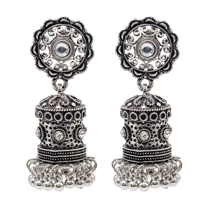 Shining Jewel Traditional Indian Matte Silver Oxidised CZ, Crystal Studded Jhumka Earring For Women - Silver (SJE_190_S)