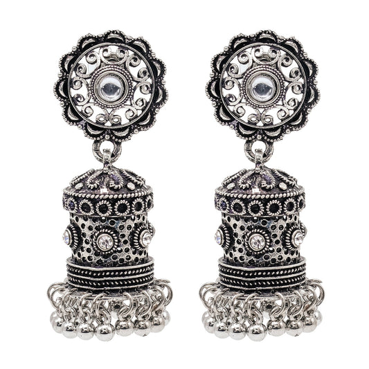 Shining Jewel Traditional Indian Matte Silver Oxidised CZ, Crystal Studded Jhumka Earring For Women - Silver (SJE_190_S)