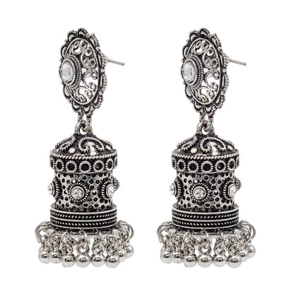 Shining Jewel Traditional Indian Matte Silver Oxidised CZ, Crystal Studded Jhumka Earring For Women - Silver (SJE_190_S)