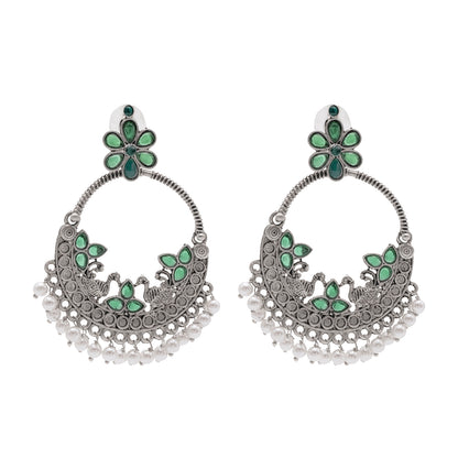 Traditional Indian Matte Silver Oxidised CZ Crystal Studded Peacock Chand Bali Earring For Women-Silver Ruby Green (SJE_192_S_R_G)