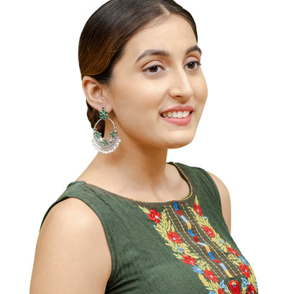 Traditional Indian Matte Silver Oxidised CZ Crystal Studded Peacock Chand Bali Earring For Women-Silver Ruby Green (SJE_192_S_R_G)