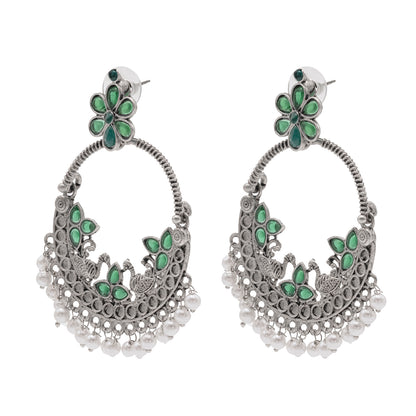 Traditional Indian Matte Silver Oxidised CZ Crystal Studded Peacock Chand Bali Earring For Women-Silver Ruby Green (SJE_192_S_R_G)