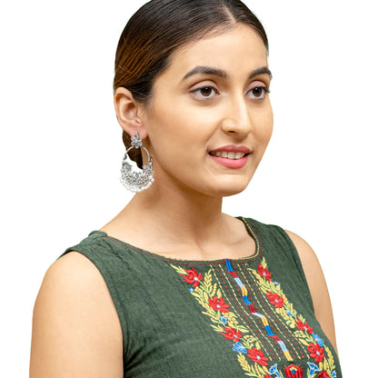 Traditional Indian Matte Silver Oxidised CZ Crystal Studded Peacock Chand Bali Earring For Women-Silver Ruby Green (SJE_192_S_R_G)