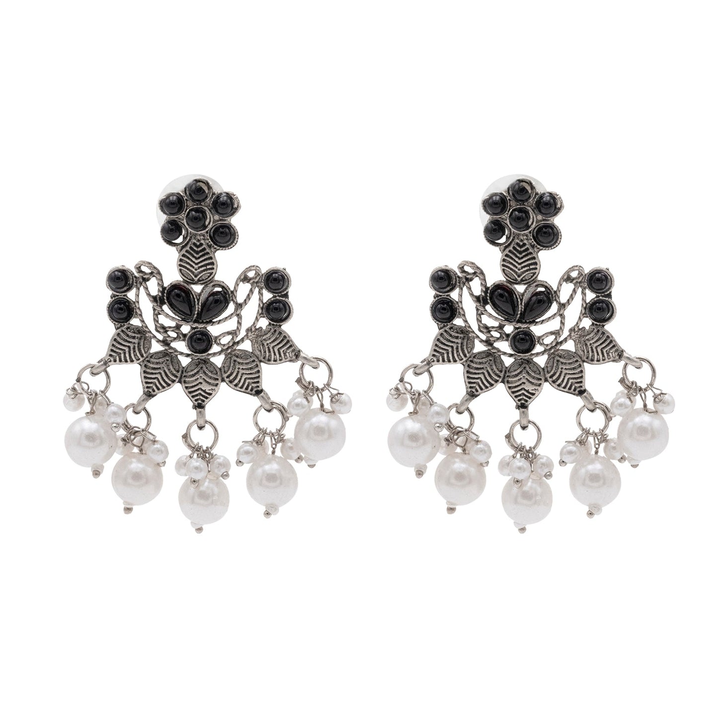 Traditional Indian Matte Silver Oxidised CZ, Crystal Studded Chand Bali Earring For Women - Silver Black (SJE_193_S_BK)