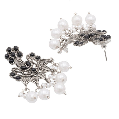 Traditional Indian Matte Silver Oxidised CZ, Crystal Studded Chand Bali Earring For Women - Silver Black (SJE_193_S_BK)