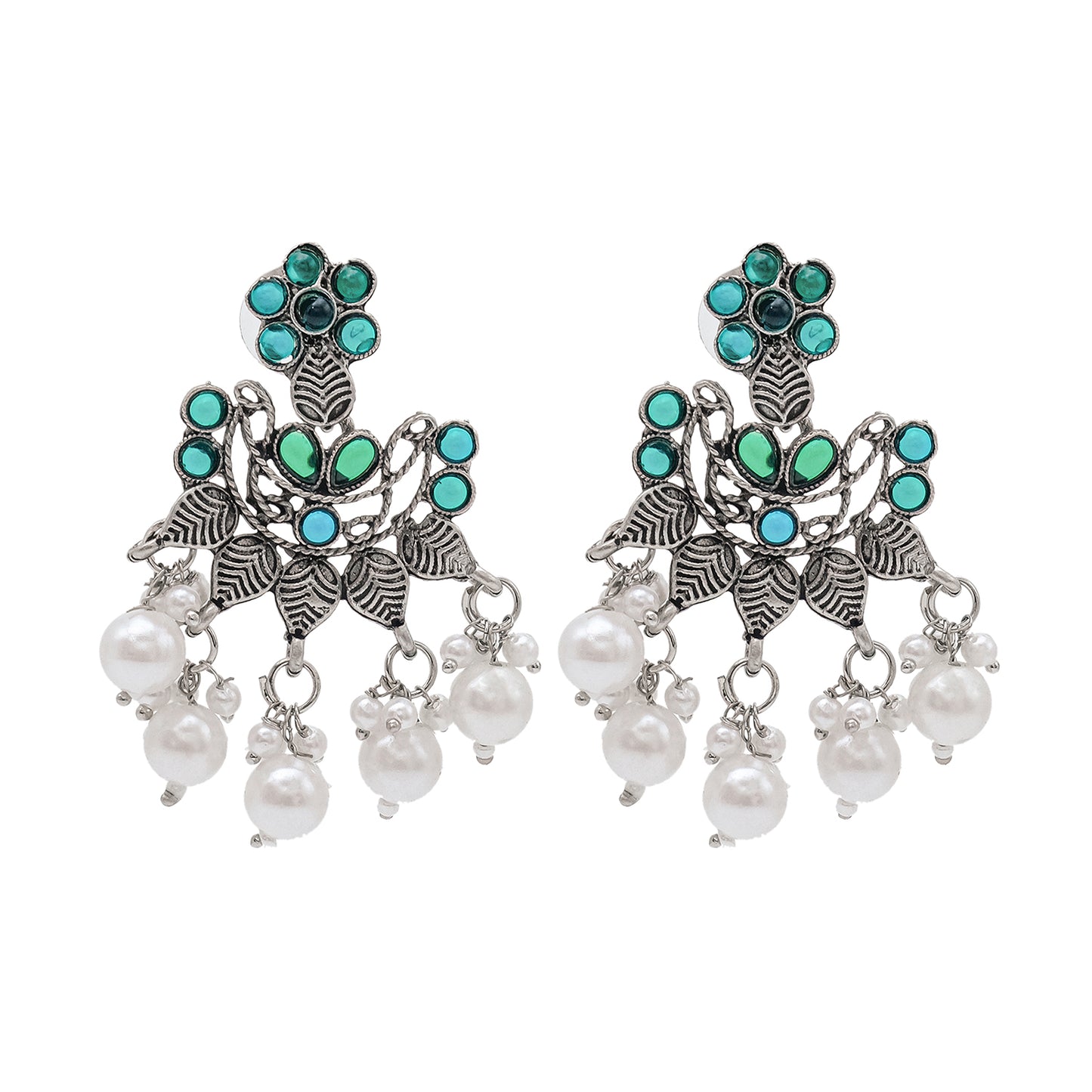 Traditional Indian Matte Silver Oxidised CZ Crystal Studded Chand Bali Earring For Women-Silver Maroon (SJE_193_S_M)