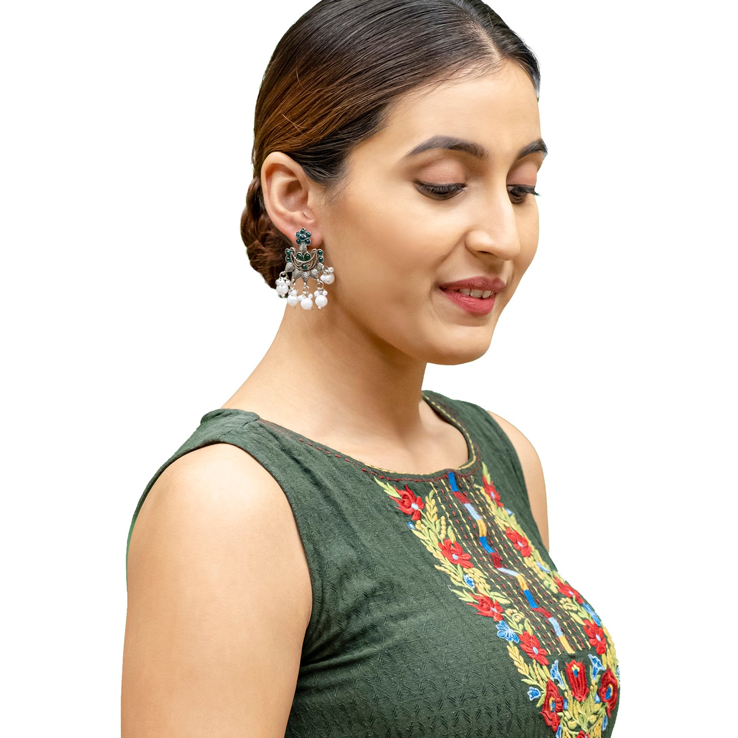 Traditional Indian Matte Silver Oxidised CZ Crystal Studded Chand Bali Earring For Women-Silver Maroon (SJE_193_S_M)