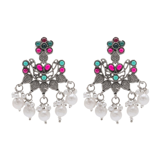 Traditional Indian Matte Silver Oxidised CZ, Crystal Studded Chand Bali Earring For Women - Silver Ruby Green (SJE_193_S_R_G)