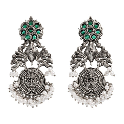 Traditional Indian Matte Silver Oxidised CZ, Crystal Studded Drop Earring For Women - Silver Green (SJE_194_S_G)