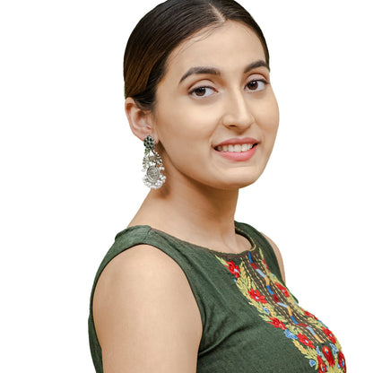 Traditional Indian Matte Silver Oxidised CZ, Crystal Studded Drop Earring For Women - Silver Green (SJE_194_S_G)