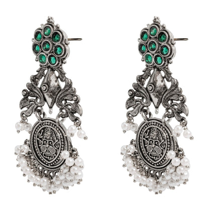 Traditional Indian Matte Silver Oxidised CZ, Crystal Studded Drop Earring For Women - Silver Green (SJE_194_S_G)