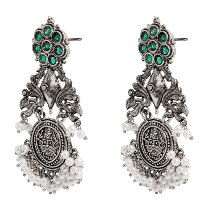 Traditional Indian Matte Silver Oxidised CZ Crystal Studded Drop Earring For Women-Silver White (SJE_194_S_W)