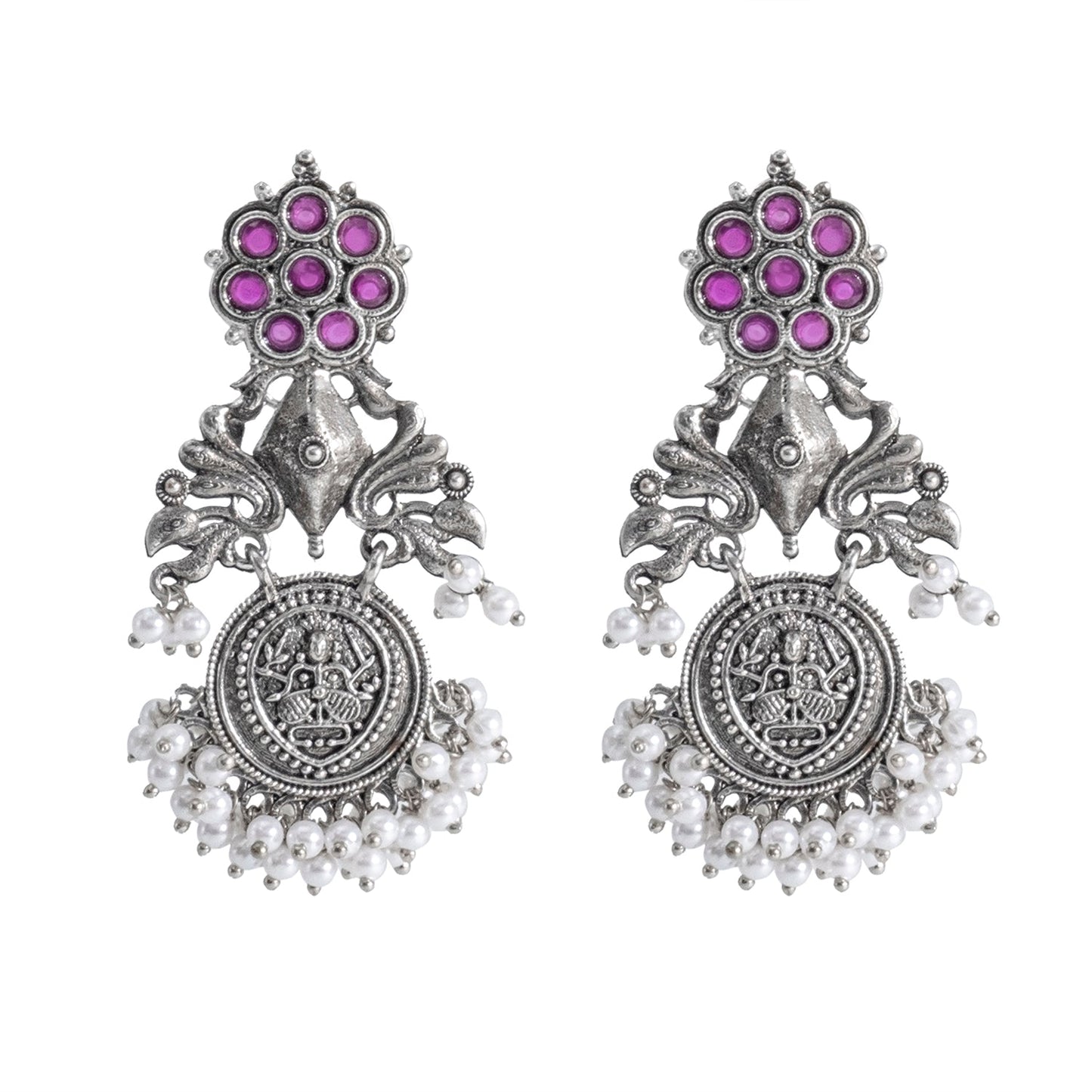 Traditional Indian Matte Silver Oxidised CZ, Crystal Studded Drop Earring For Women - Silver Maroon (SJE_194_S_M)