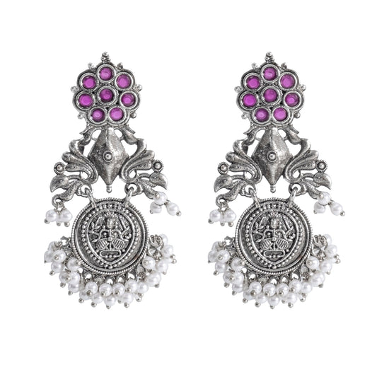 Traditional Indian Matte Silver Oxidised CZ, Crystal Studded Drop Earring For Women - Silver Maroon (SJE_194_S_M)