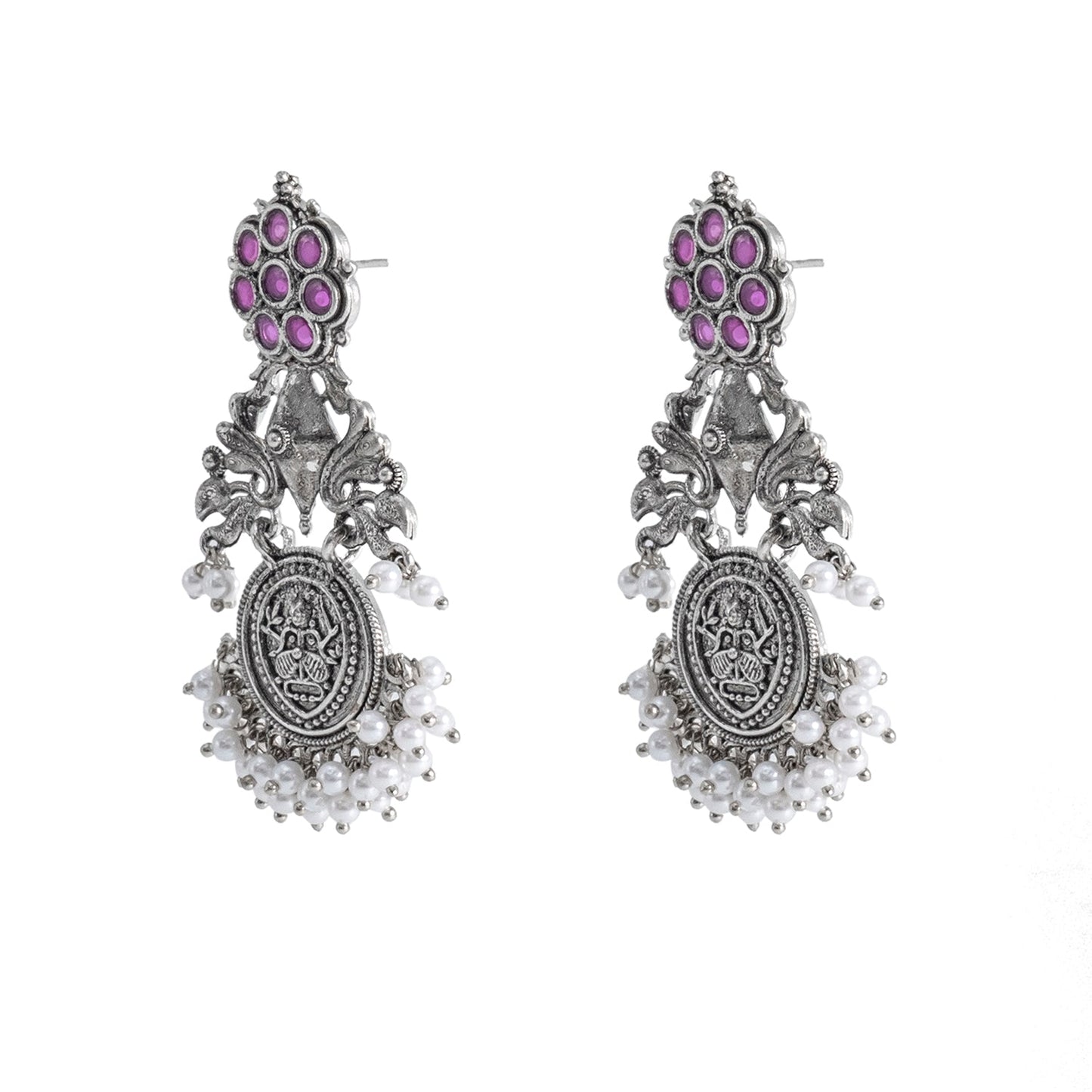 Traditional Indian Matte Silver Oxidised CZ, Crystal Studded Drop Earring For Women - Silver Maroon (SJE_194_S_M)