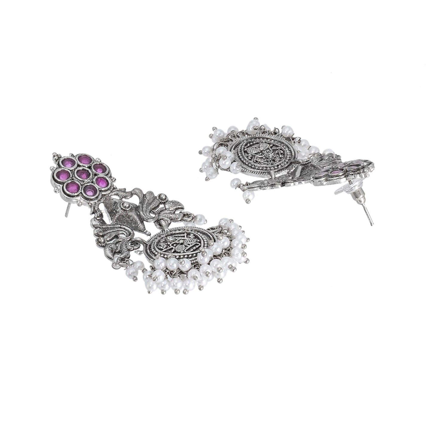 Traditional Indian Matte Silver Oxidised CZ, Crystal Studded Drop Earring For Women - Silver Maroon (SJE_194_S_M)