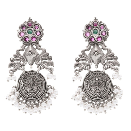 Traditional Indian Matte Silver Oxidised CZ, Crystal Studded Drop Earring For Women - Silver Maroon (SJE_194_S_R_G)