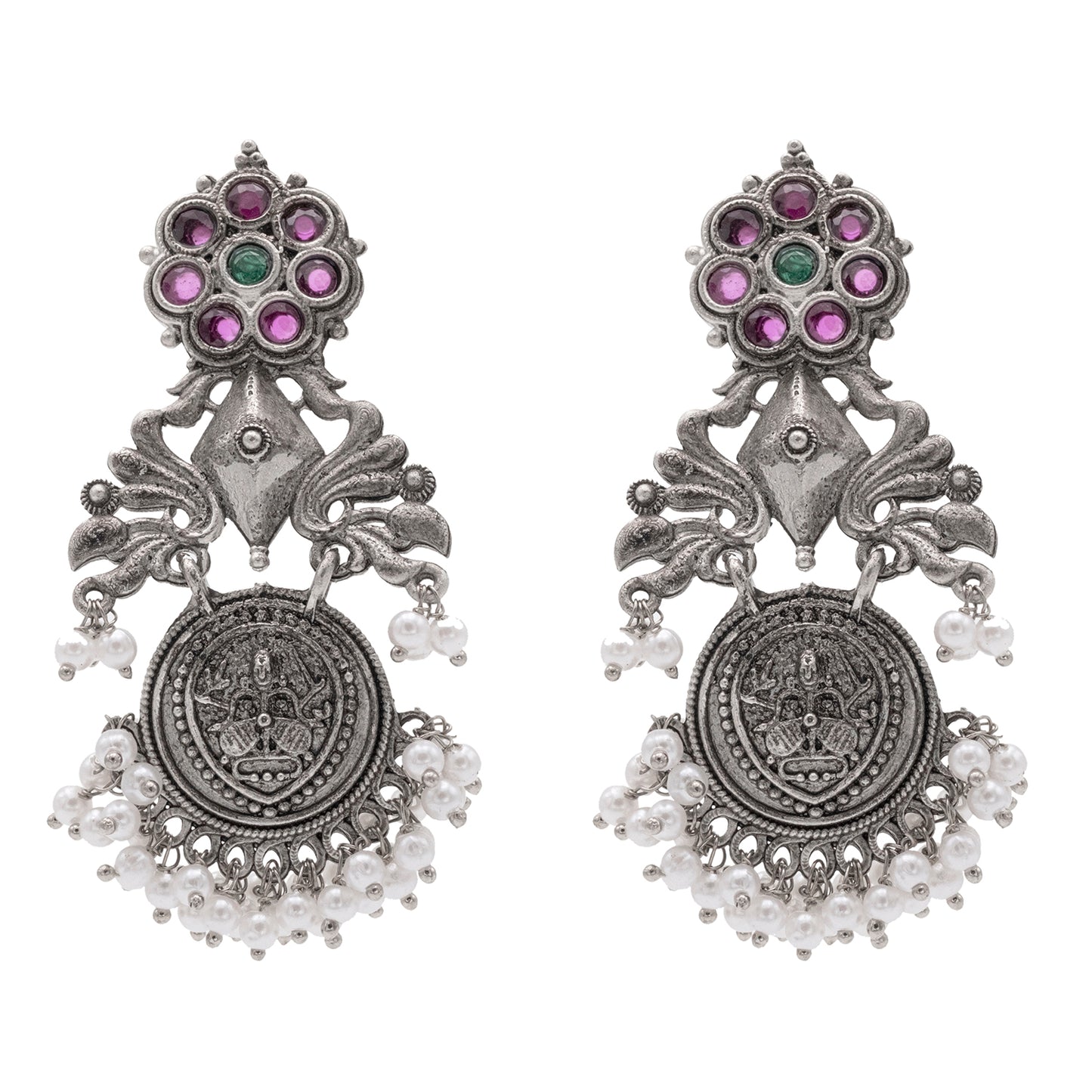 Traditional Indian Matte Silver Oxidised CZ Crystal Studded Drop Earring For Women-Silver White (SJE_194_S_W)