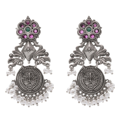 Traditional Indian Matte Silver Oxidised CZ Crystal Studded Drop Earring For Women-Silver White (SJE_194_S_W)