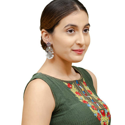 Traditional Indian Matte Silver Oxidised CZ Crystal Studded Drop Earring For Women-Silver White (SJE_194_S_W)